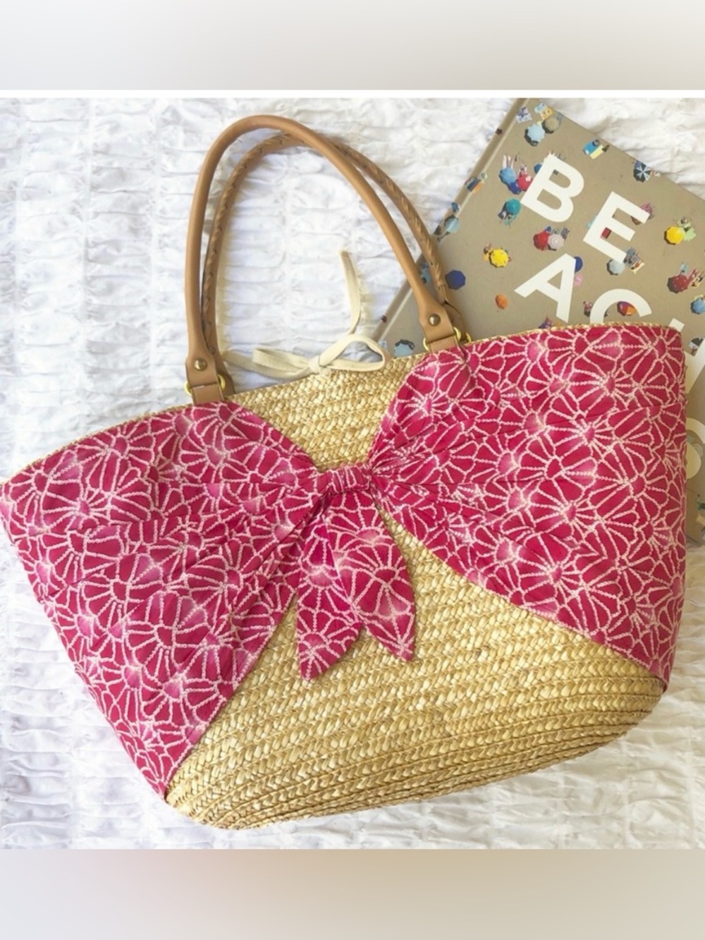Calypso St. Barth Pink Patterned Straw Tote with Bow Accent